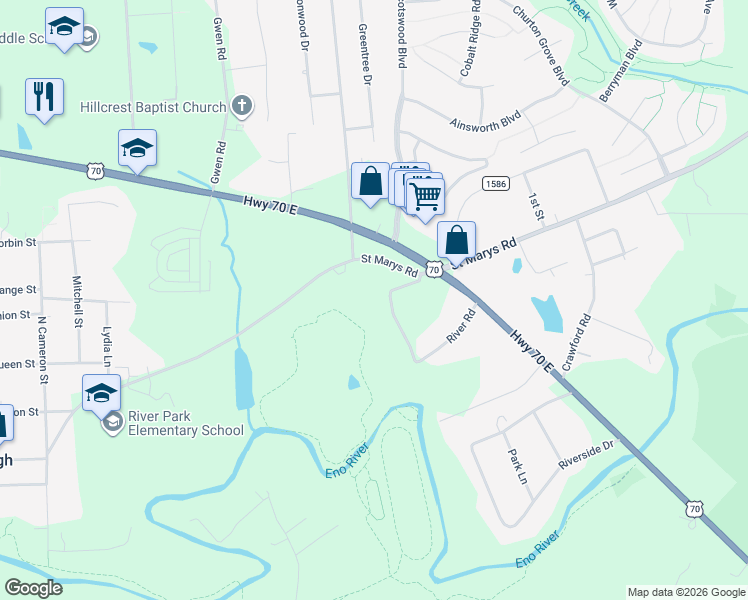map of restaurants, bars, coffee shops, grocery stores, and more near 1205 Highland Loop in Hillsborough