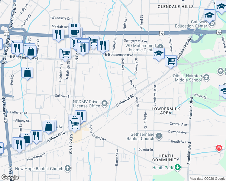 map of restaurants, bars, coffee shops, grocery stores, and more near 2607 East Market Street in Greensboro