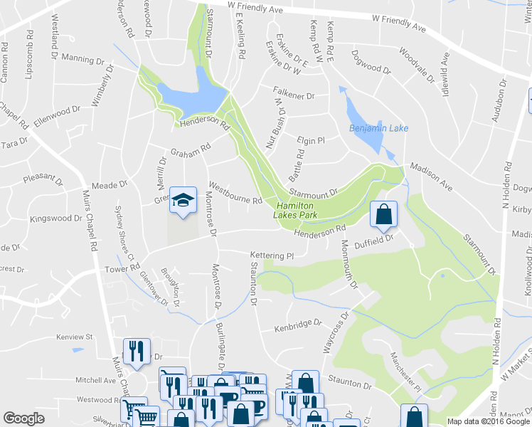 map of restaurants, bars, coffee shops, grocery stores, and more near 3407 Henderson Rd in Greensboro