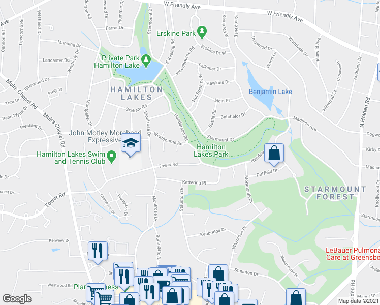 map of restaurants, bars, coffee shops, grocery stores, and more near 3407 Henderson Road in Greensboro