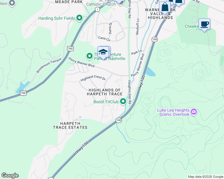 map of restaurants, bars, coffee shops, grocery stores, and more near 21 Vaughns Gap Road in Nashville