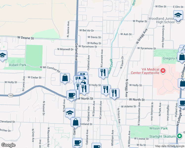 map of restaurants, bars, coffee shops, grocery stores, and more near 1376 Oakland Avenue in Fayetteville