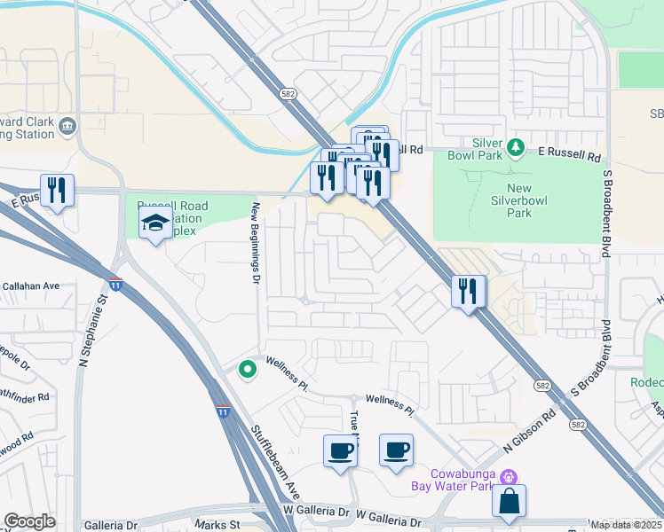 map of restaurants, bars, coffee shops, grocery stores, and more near 5956 High Steed Street in Henderson