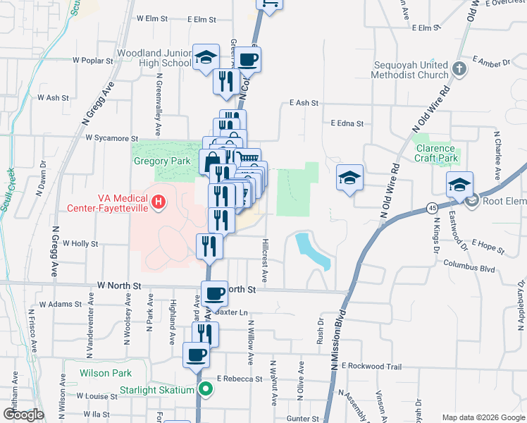 map of restaurants, bars, coffee shops, grocery stores, and more near 1420 Hillcrest Avenue in Fayetteville