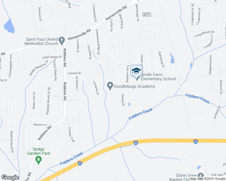 map of restaurants, bars, coffee shops, grocery stores, and more near 4102 Johnny Knoll in Winston-Salem