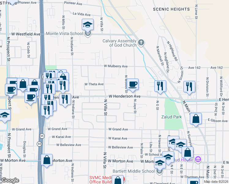 map of restaurants, bars, coffee shops, grocery stores, and more near 560 West Henderson Avenue in Porterville
