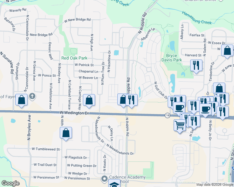 map of restaurants, bars, coffee shops, grocery stores, and more near 1285 North Corsica Drive in Fayetteville