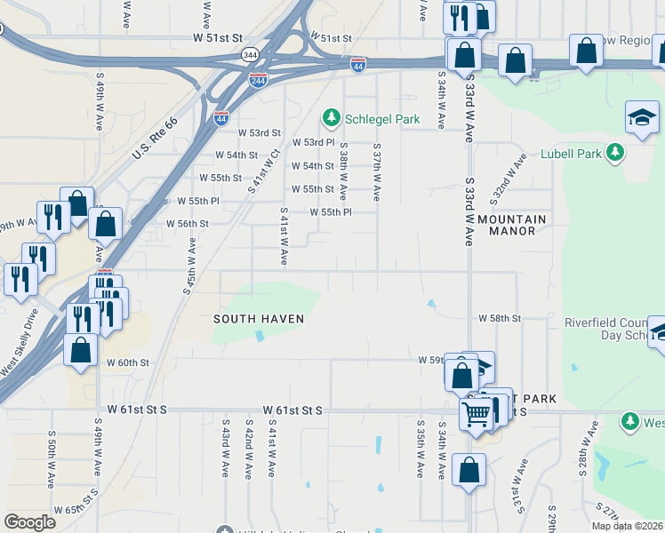 map of restaurants, bars, coffee shops, grocery stores, and more near 3815 West 57th Street in Tulsa
