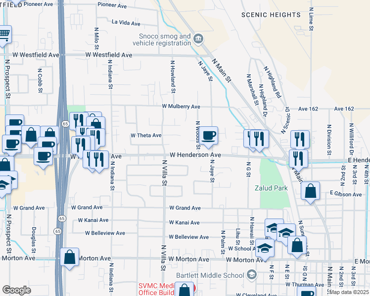 map of restaurants, bars, coffee shops, grocery stores, and more near 839 North Woods Street in Porterville