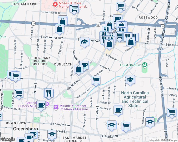 map of restaurants, bars, coffee shops, grocery stores, and more near in Greensboro
