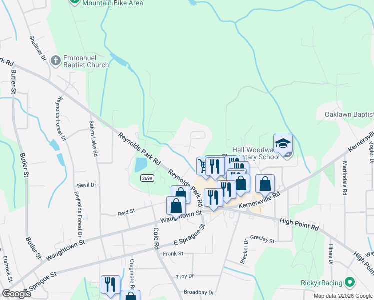 map of restaurants, bars, coffee shops, grocery stores, and more near 10 Salem Gardens Drive in Winston-Salem