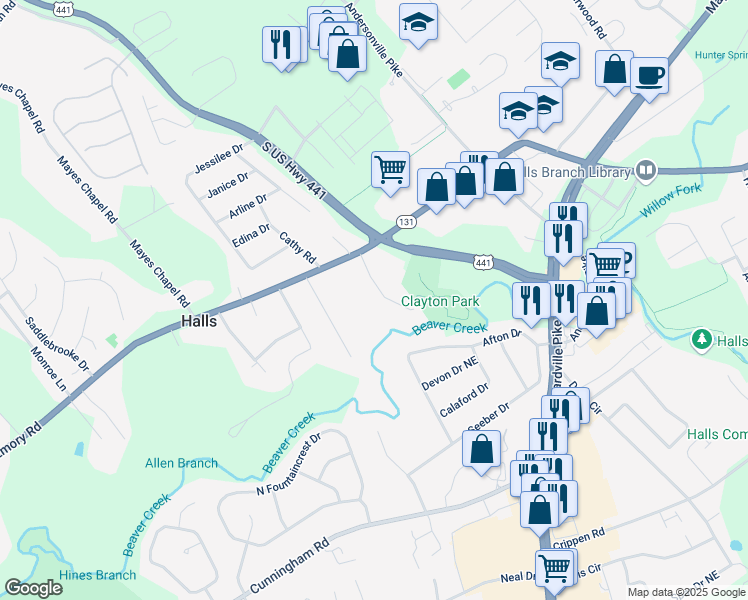 map of restaurants, bars, coffee shops, grocery stores, and more near 7371 Shalimar Point Way in Knoxville