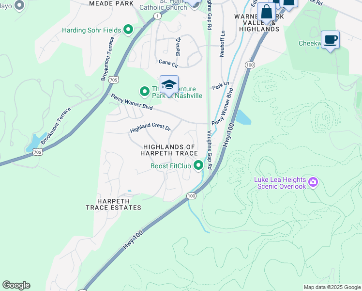 map of restaurants, bars, coffee shops, grocery stores, and more near 21 Vaughns Gap Road in Nashville