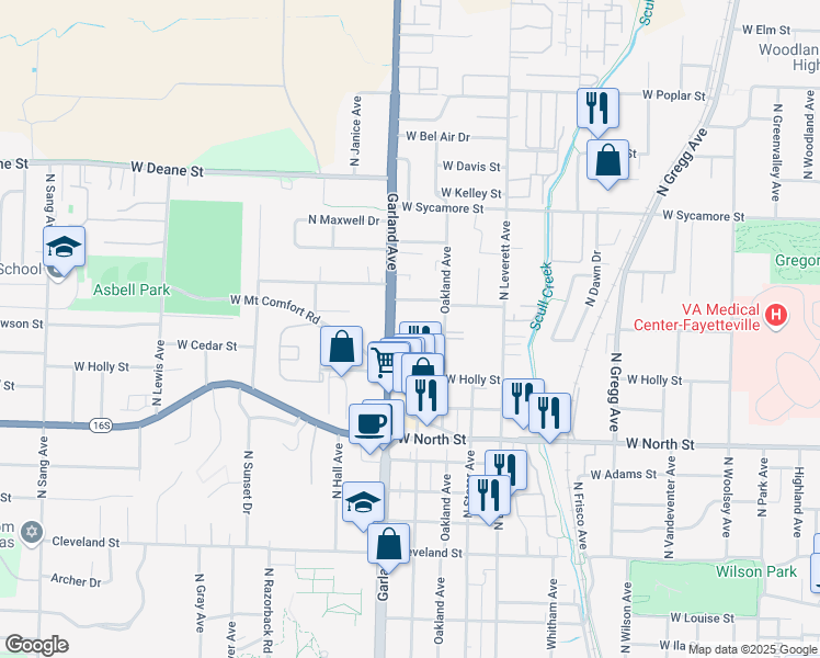 map of restaurants, bars, coffee shops, grocery stores, and more near 1322 Garland Avenue in Fayetteville