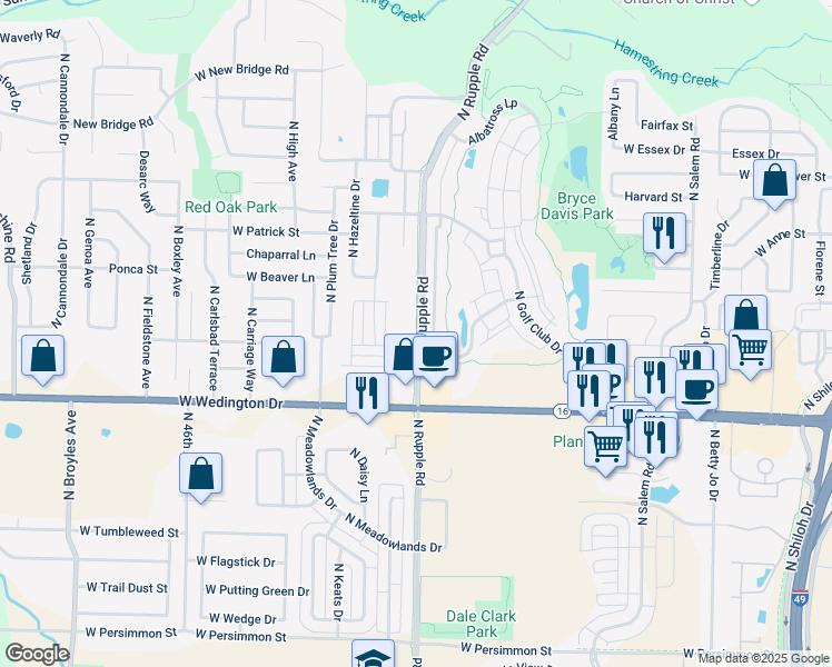 map of restaurants, bars, coffee shops, grocery stores, and more near 1277 North Rupple Road in Fayetteville