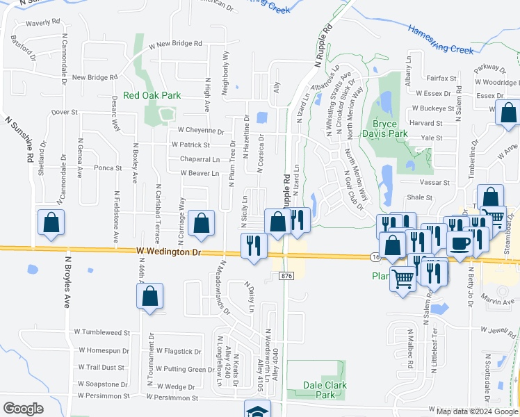 map of restaurants, bars, coffee shops, grocery stores, and more near 1285 North Corsica Drive in Fayetteville