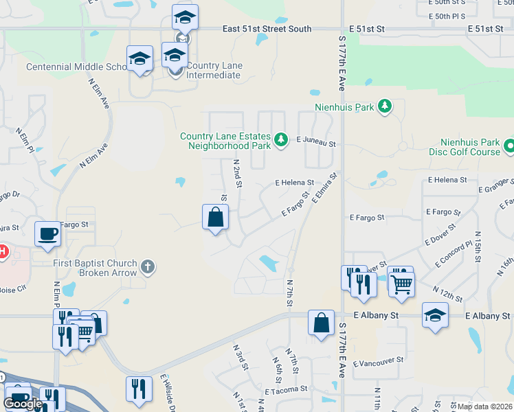map of restaurants, bars, coffee shops, grocery stores, and more near 307 East Granger Place in Broken Arrow