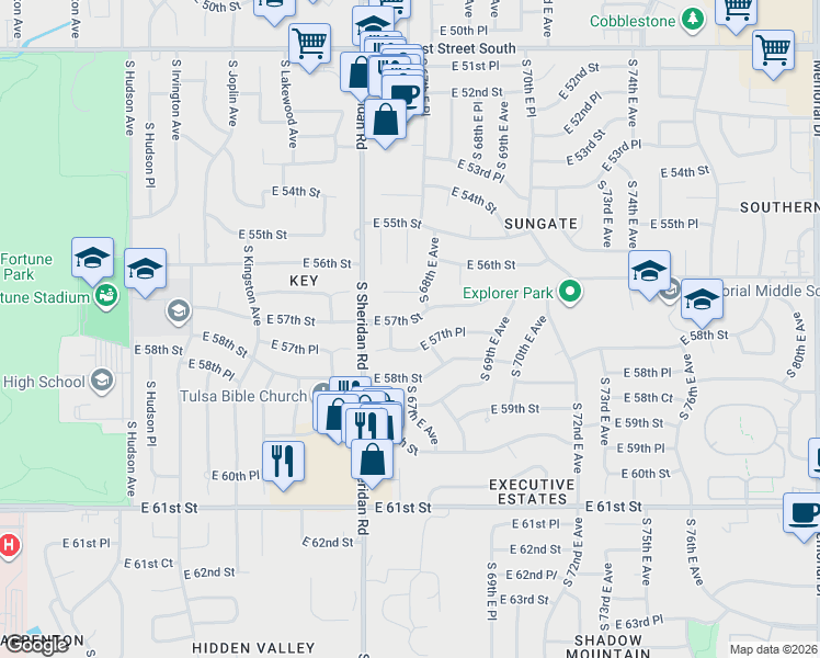 map of restaurants, bars, coffee shops, grocery stores, and more near 6618 East 57th Street in Tulsa