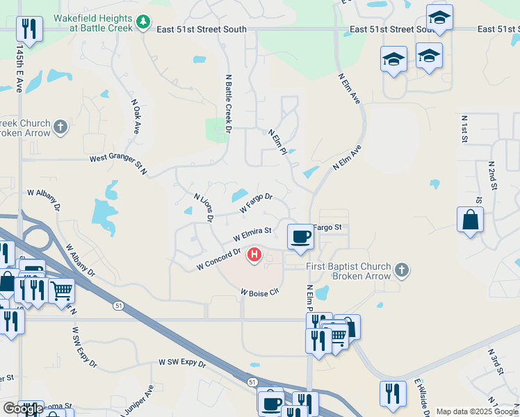 map of restaurants, bars, coffee shops, grocery stores, and more near 924 West Fargo Street North in Broken Arrow