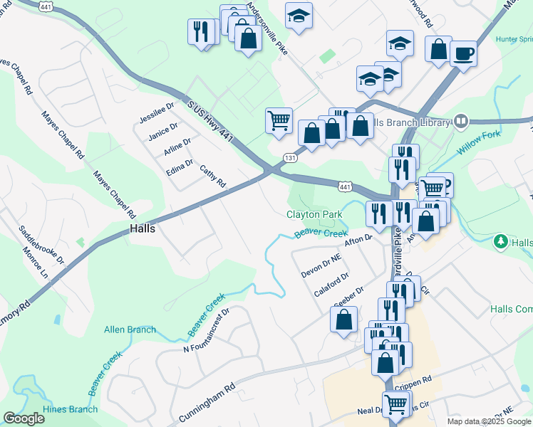 map of restaurants, bars, coffee shops, grocery stores, and more near 7371 Shalimar Point Way in Knoxville