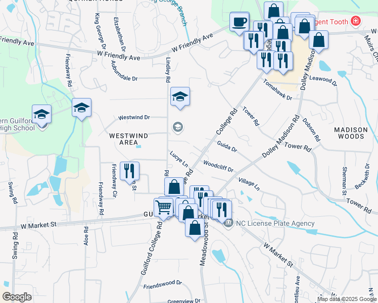 map of restaurants, bars, coffee shops, grocery stores, and more near 309 College Road in Greensboro