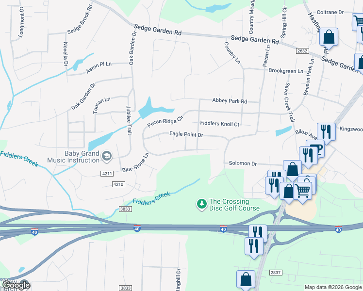 map of restaurants, bars, coffee shops, grocery stores, and more near 1540 Eagle Watch Lane in Kernersville