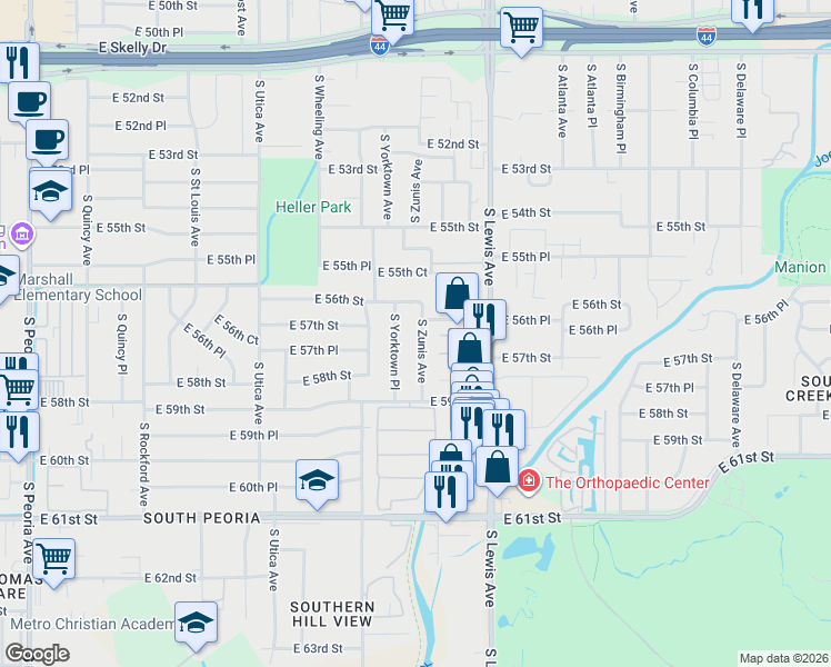 map of restaurants, bars, coffee shops, grocery stores, and more near 5628 South Zunis Avenue in Tulsa