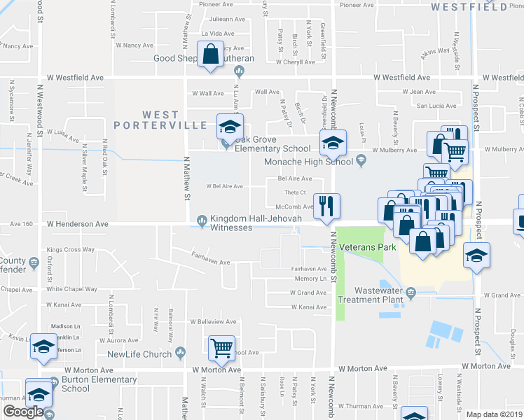 map of restaurants, bars, coffee shops, grocery stores, and more near 841 North Salisbury Street in Porterville