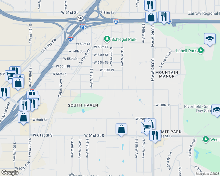 map of restaurants, bars, coffee shops, grocery stores, and more near 3815 West 57th Street in Tulsa