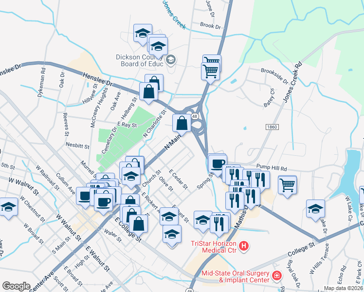 map of restaurants, bars, coffee shops, grocery stores, and more near 520 Church Street in Dickson