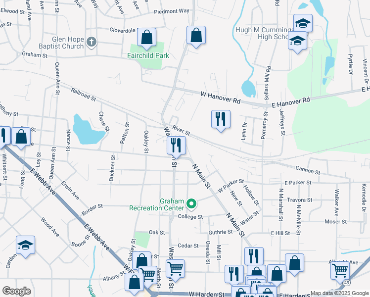 map of restaurants, bars, coffee shops, grocery stores, and more near 910 North Main Street in Graham