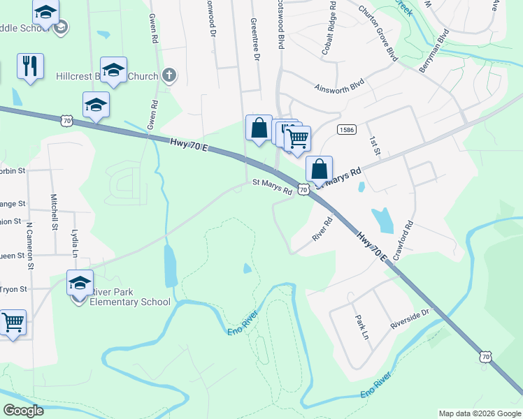 map of restaurants, bars, coffee shops, grocery stores, and more near 1205 Highland Loop in Hillsborough