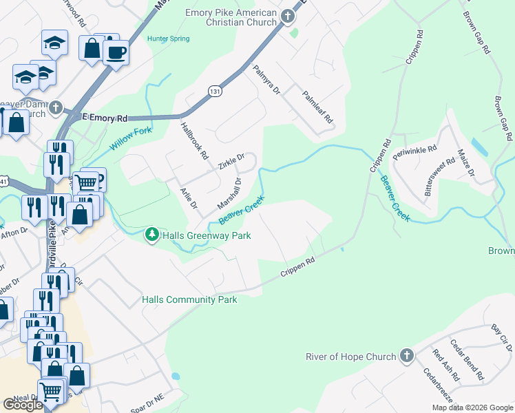 map of restaurants, bars, coffee shops, grocery stores, and more near 7086 Rival Ln in Knoxville