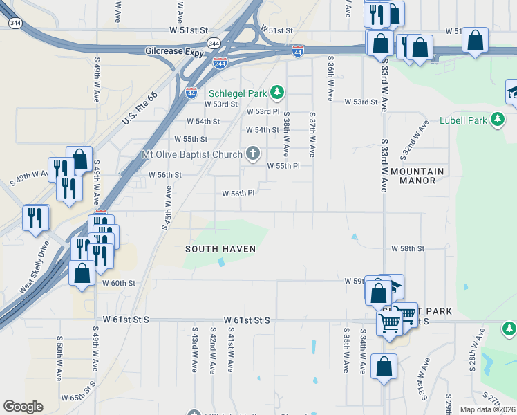 map of restaurants, bars, coffee shops, grocery stores, and more near 3931 West 57th Street in Tulsa