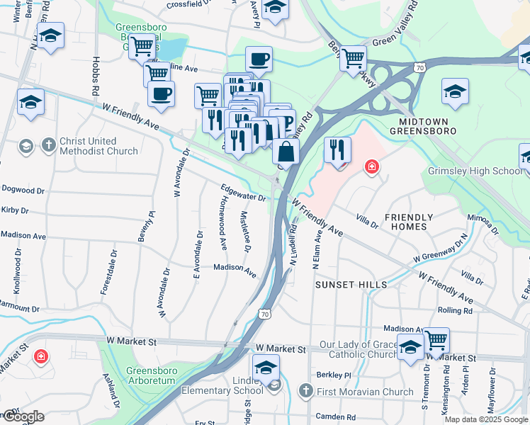 map of restaurants, bars, coffee shops, grocery stores, and more near 225 Green Valley Road in Greensboro