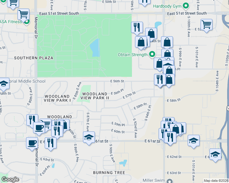 map of restaurants, bars, coffee shops, grocery stores, and more near 8935 East 56th Place in Tulsa