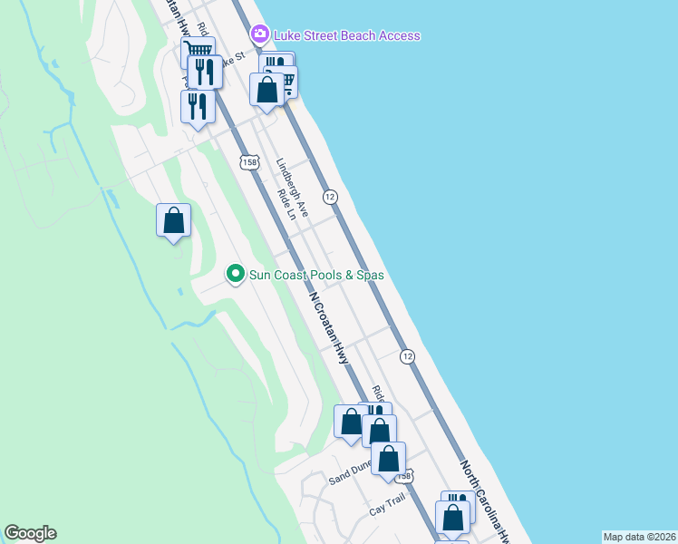 map of restaurants, bars, coffee shops, grocery stores, and more near 200 Hawks Street in Kitty Hawk