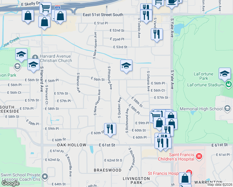 map of restaurants, bars, coffee shops, grocery stores, and more near 5644 South Quebec Avenue in Tulsa