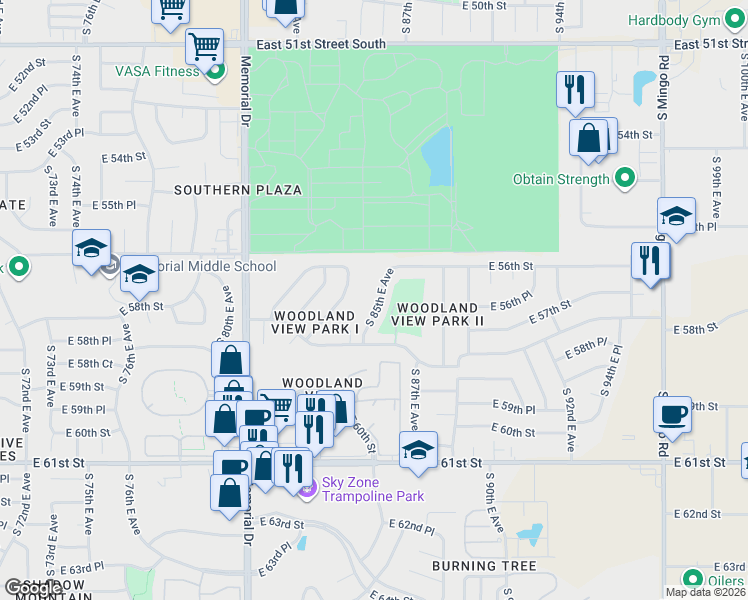 map of restaurants, bars, coffee shops, grocery stores, and more near 5638 South 85th East Avenue in Tulsa