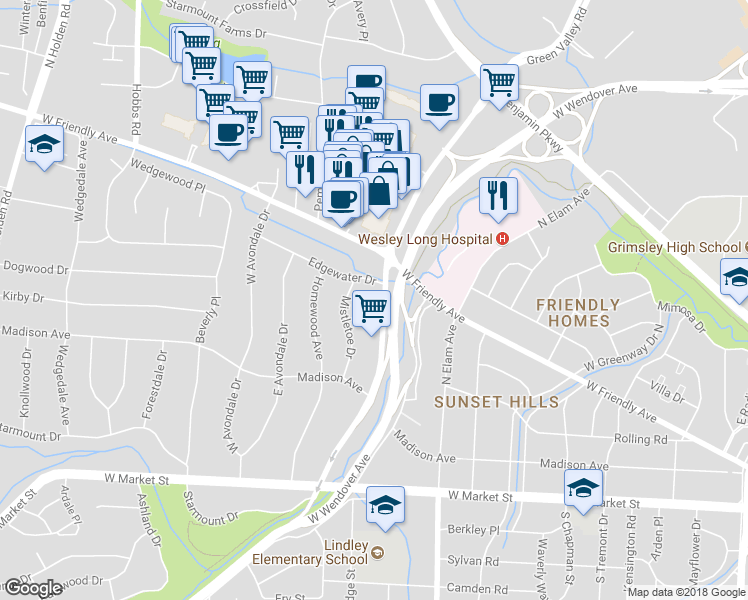 map of restaurants, bars, coffee shops, grocery stores, and more near 225 Green Valley Road in Greensboro