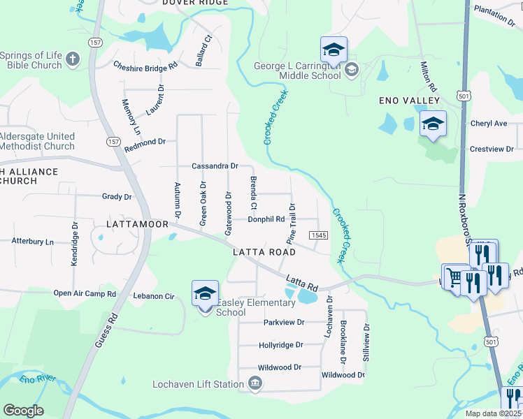 map of restaurants, bars, coffee shops, grocery stores, and more near 1202 Donphil Road in Durham