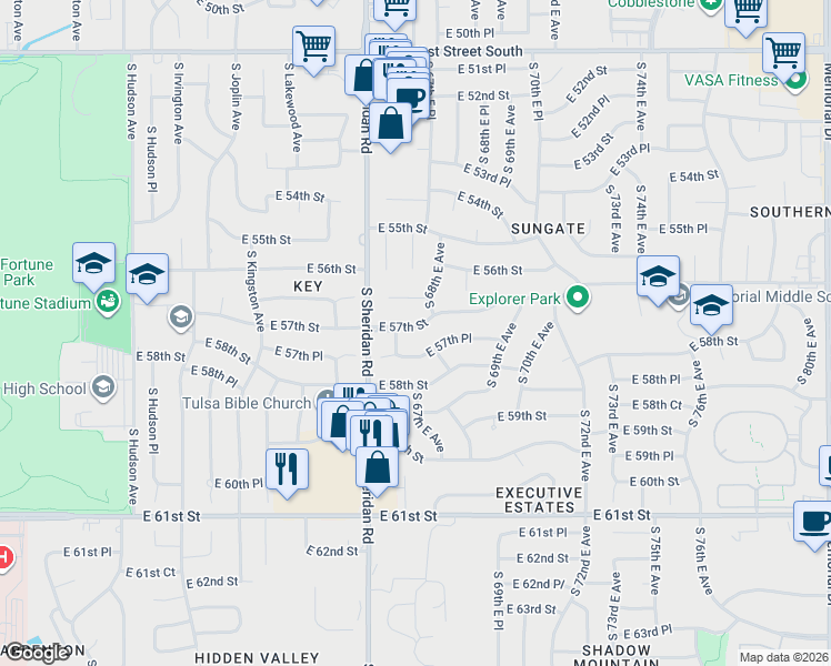map of restaurants, bars, coffee shops, grocery stores, and more near 6618 East 57th Street in Tulsa