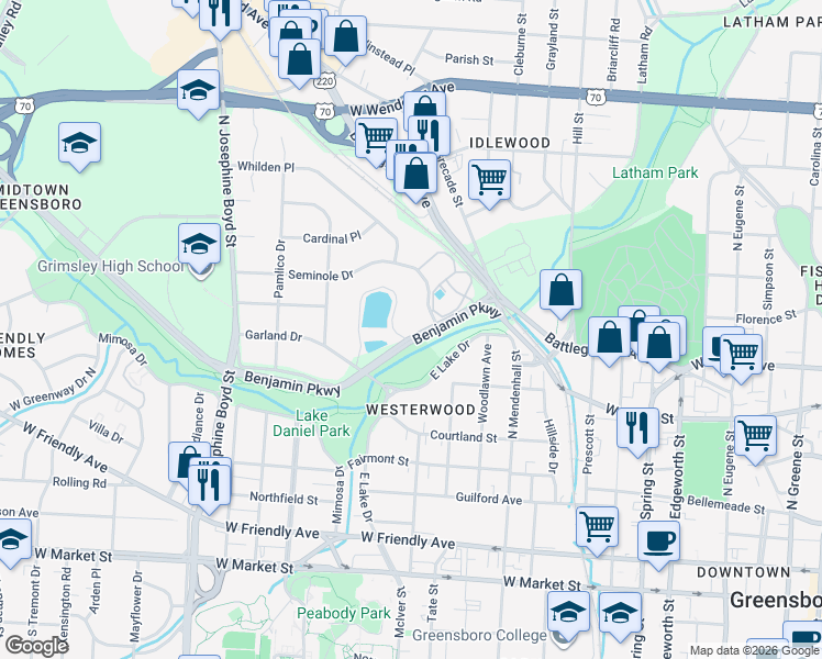 map of restaurants, bars, coffee shops, grocery stores, and more near 512 Benjamin Parkway in Greensboro