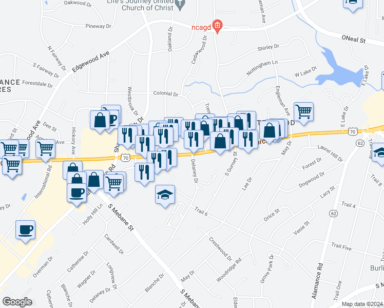 map of restaurants, bars, coffee shops, grocery stores, and more near South Church Street & Delaney Drive in Burlington