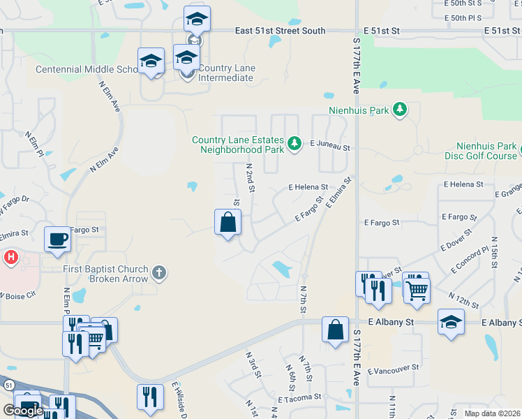 map of restaurants, bars, coffee shops, grocery stores, and more near 307 East Granger Place in Broken Arrow