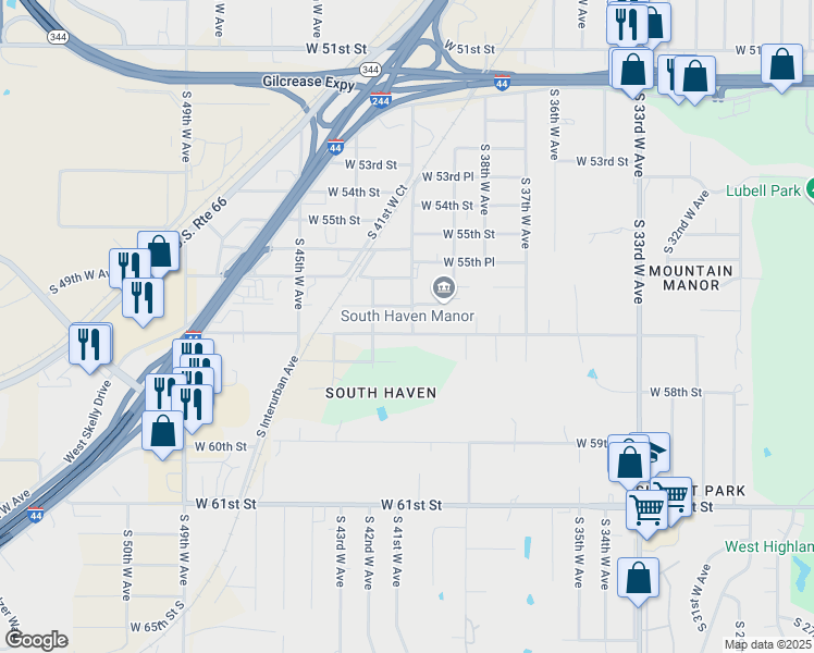 map of restaurants, bars, coffee shops, grocery stores, and more near 5648 South 41st West Avenue in Tulsa