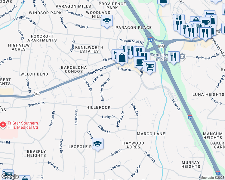 map of restaurants, bars, coffee shops, grocery stores, and more near 279 Comroe Road in Nashville