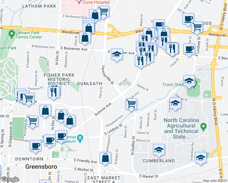 map of restaurants, bars, coffee shops, grocery stores, and more near 612 5th Avenue in Greensboro