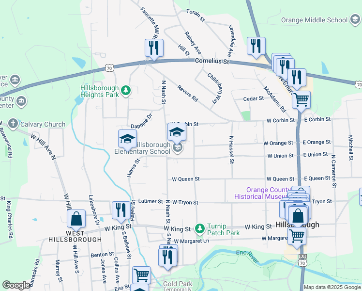 map of restaurants, bars, coffee shops, grocery stores, and more near 402 North Nash Street in Hillsborough