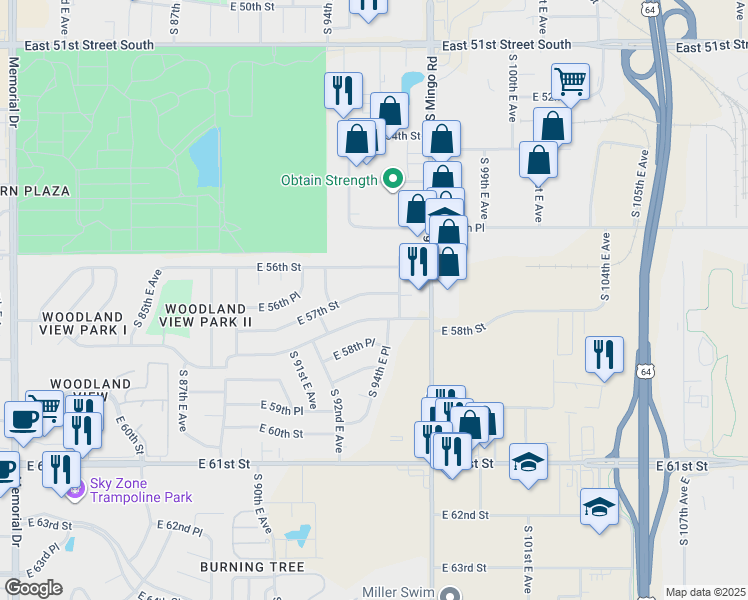 map of restaurants, bars, coffee shops, grocery stores, and more near 9348 E 57th St in Tulsa